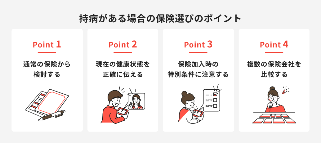 持病がある場合の保険選びのポイント（通常の保険から検討する、現在の健康状態を正確に伝える、特別条件に注意する、複数の保険会社を比較する）